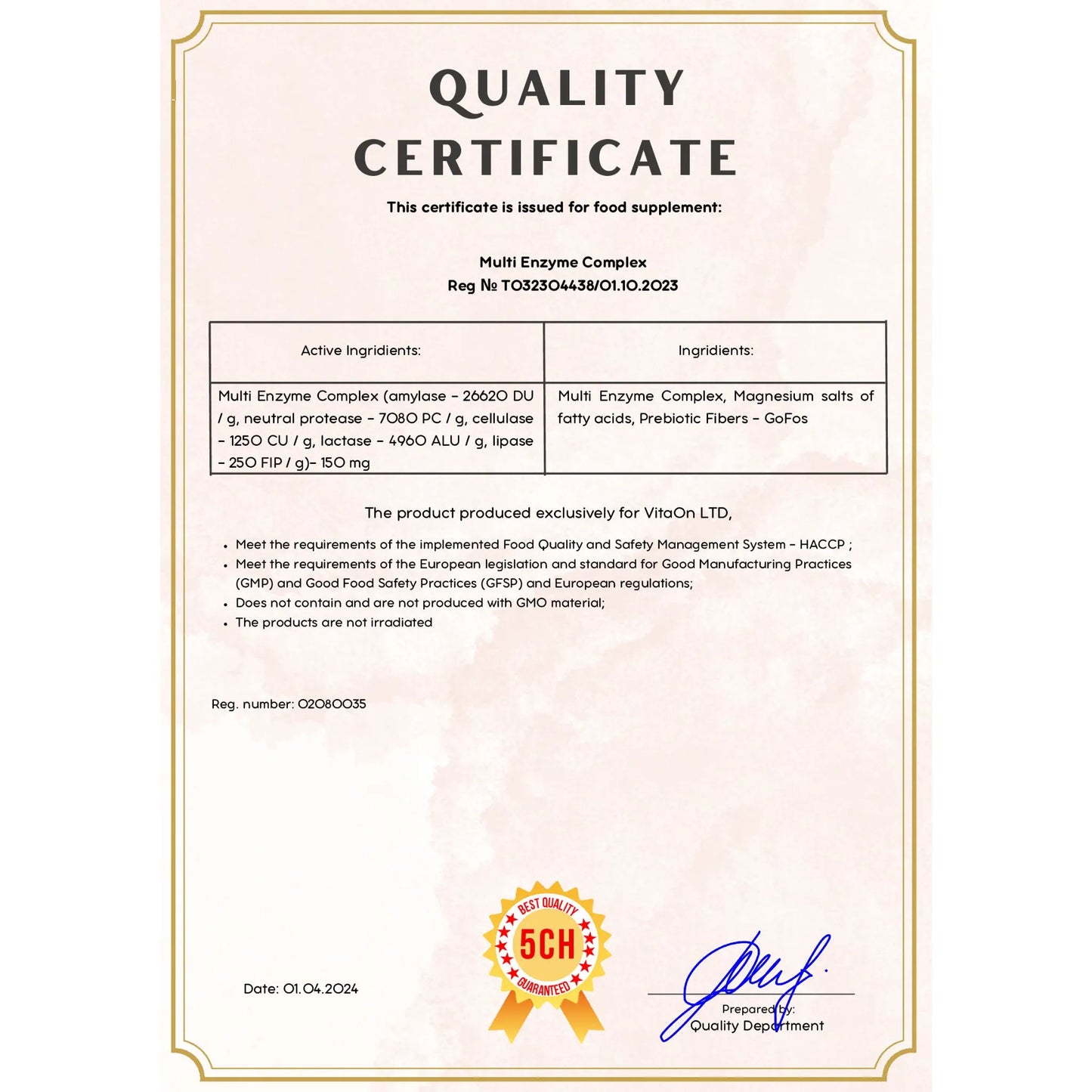 Certificado de calidad multi enzzyme complex