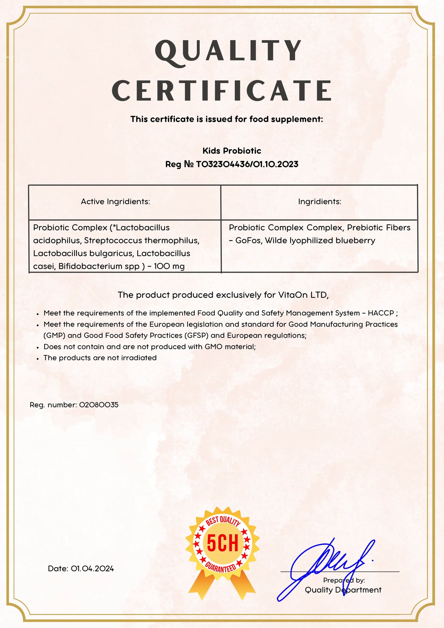 Certificado de calidad probiotico sparky